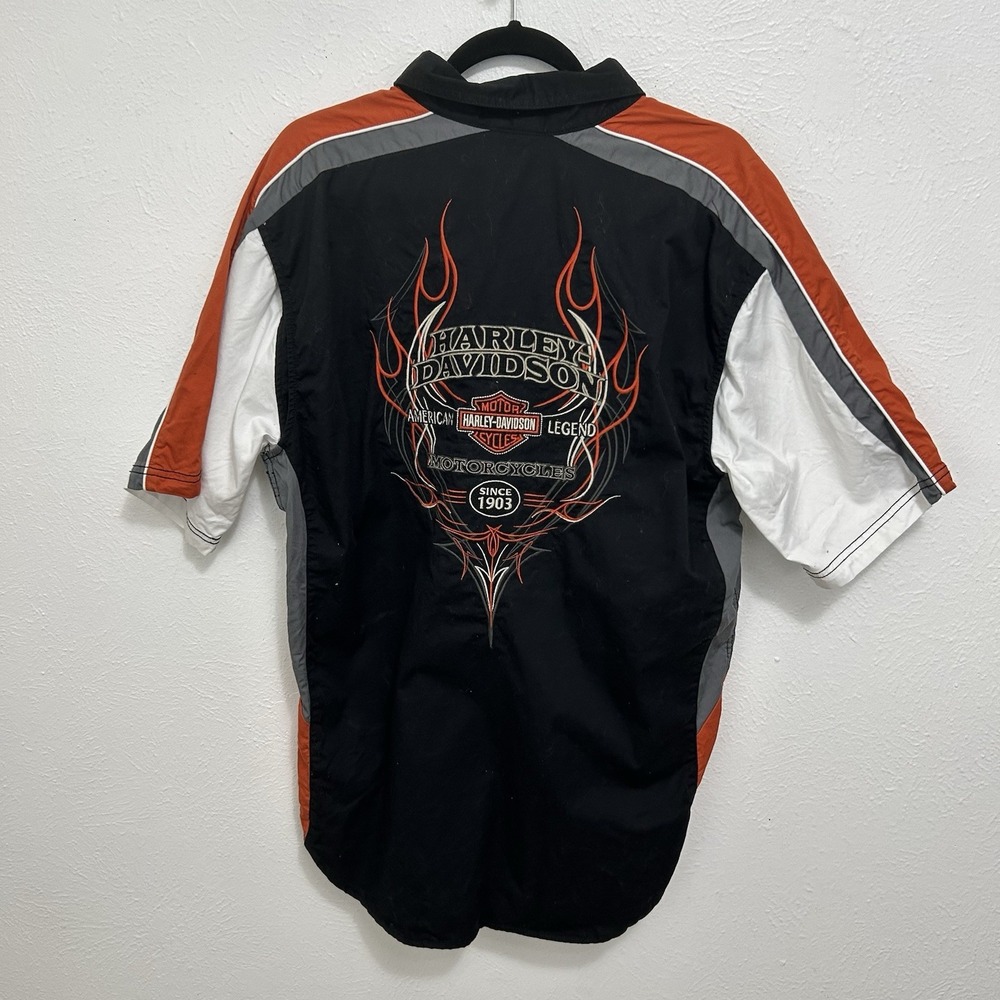 Harley-Davidson Shirt Black Orange Gray Flame Graphic Button Up Biker Twill Sz L